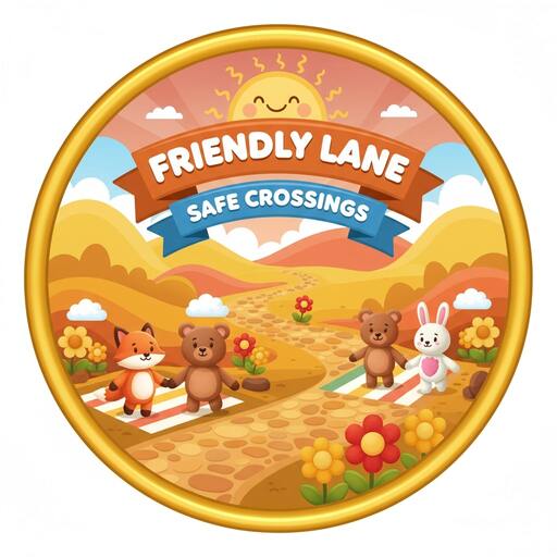 Rounded badge: friendly lane with safe crossings