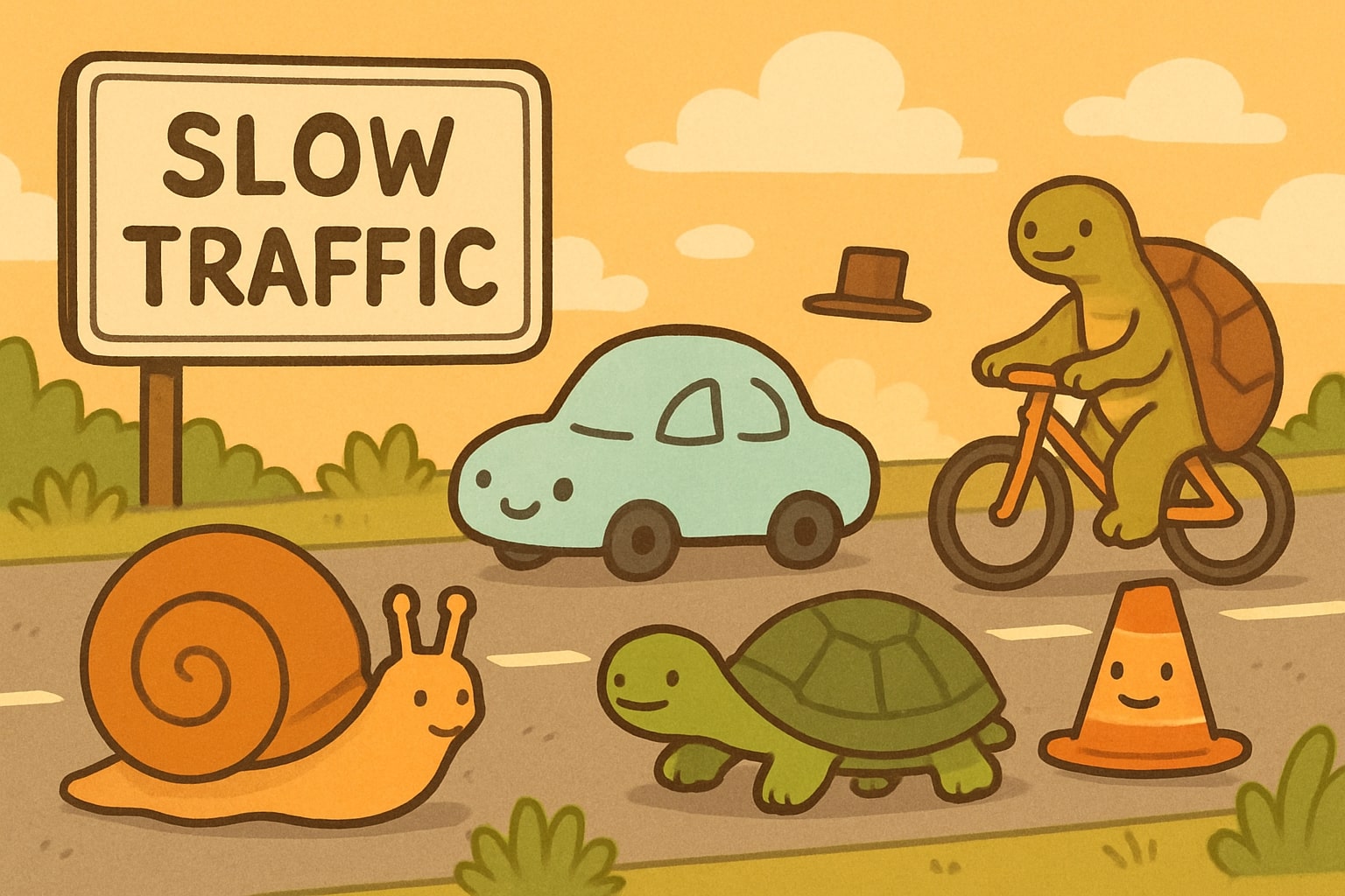 Warm lane with slow traffic and calm spacing