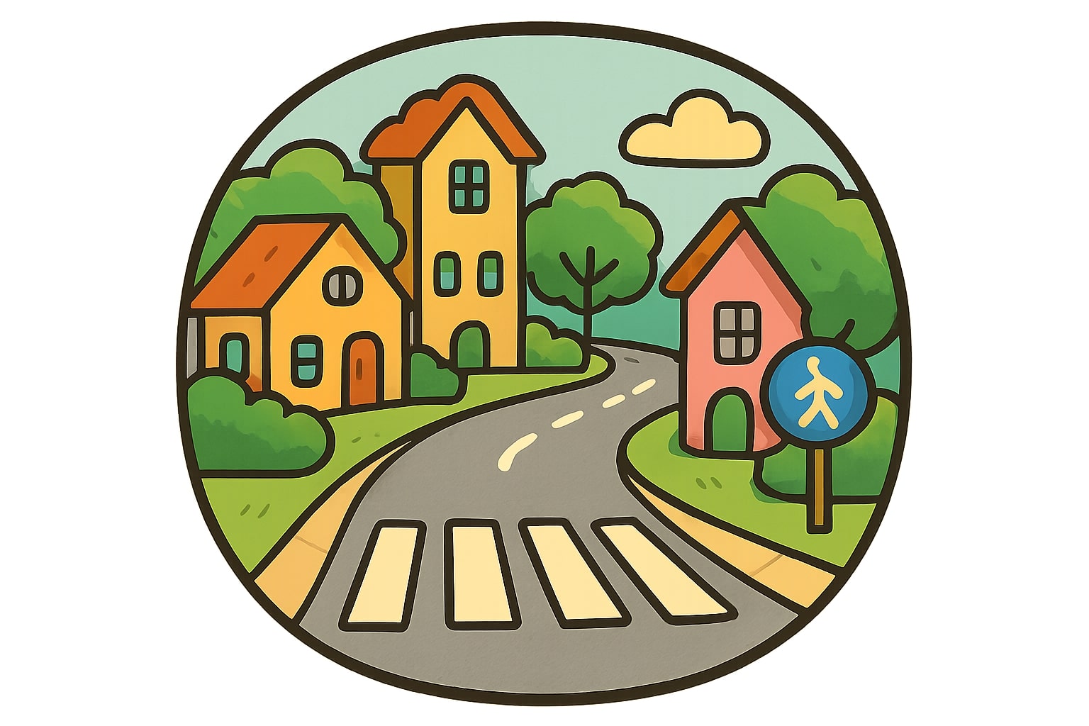 Rounded badge showing a friendly lane with safe crossings