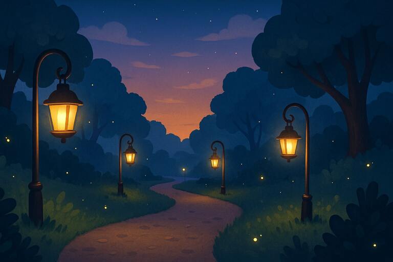 Dusk route with lanterns and tiny fireflies