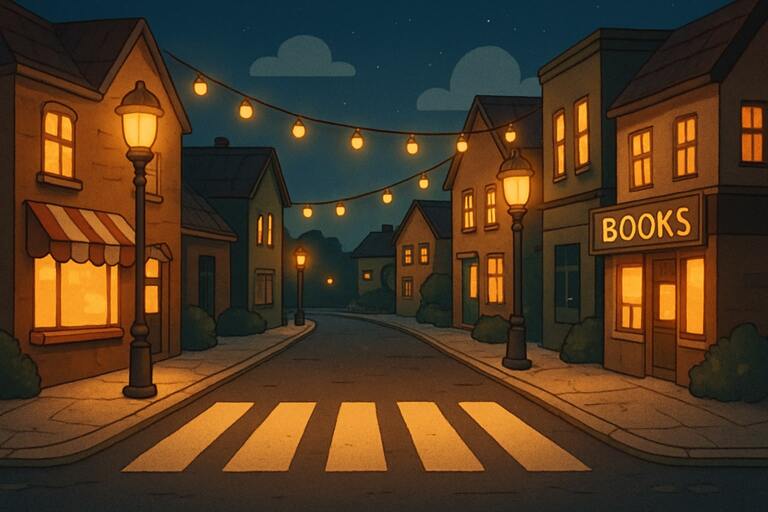 Town crossing with cozy lights and crosswalk